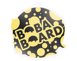 The BobaBoard logo on the reverse side, with blocky smallcaps text and a bubble theme