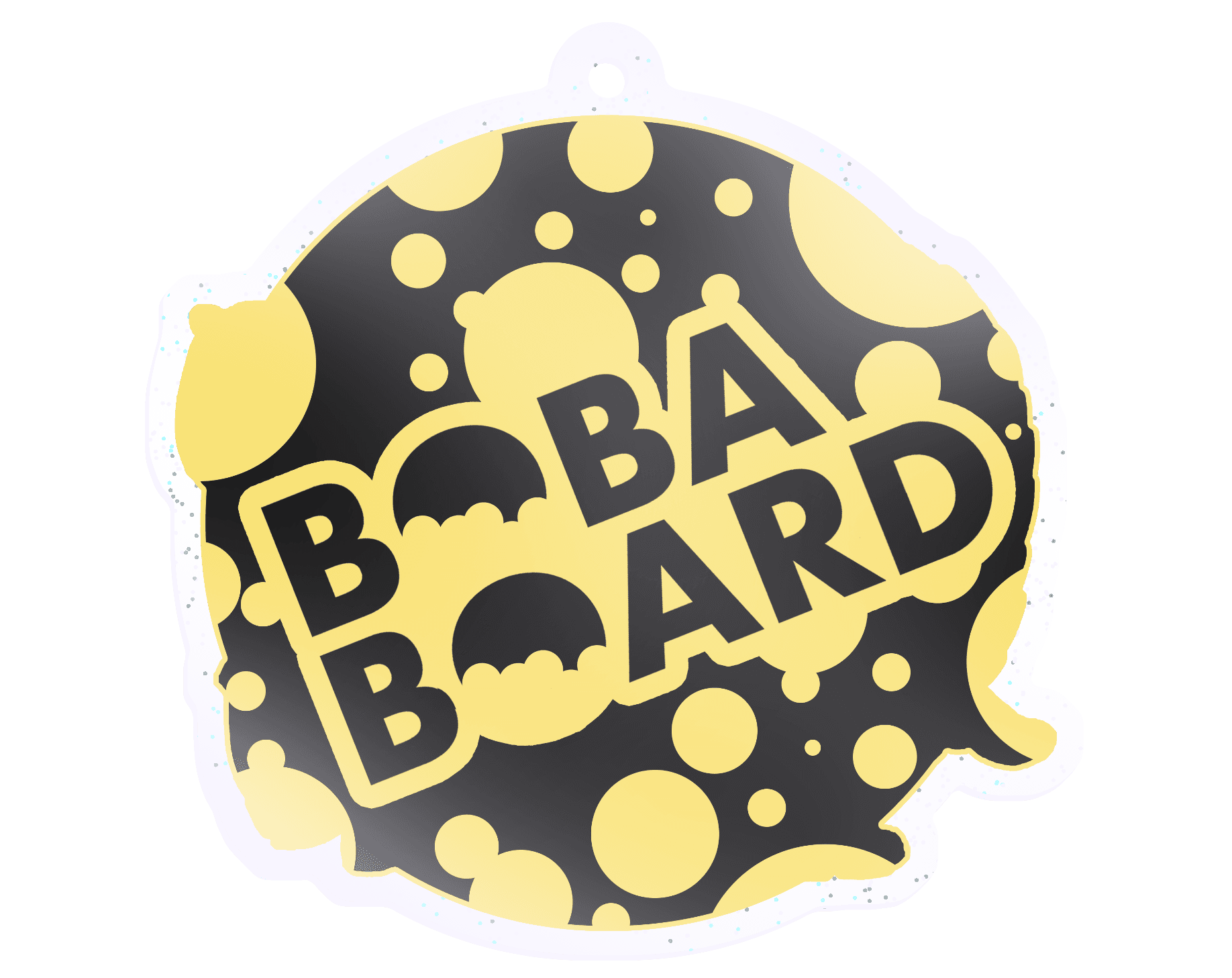 The BobaBoard logo on the reverse side, with blocky smallcaps text and a bubble theme