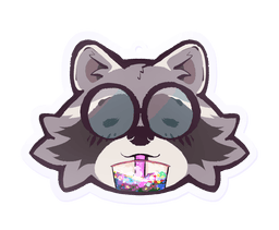 Boba-tan in raccoon form, eyes closed as she enjoys sipping her sparkly drink.