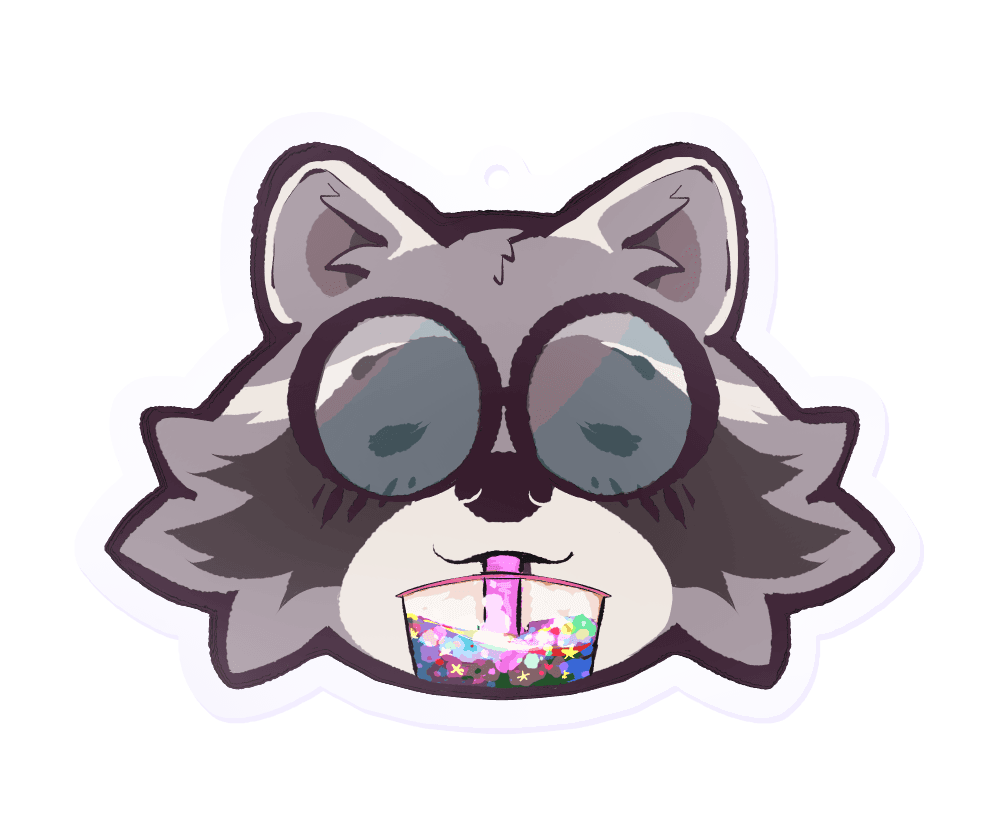 Boba-tan in raccoon form, eyes closed as she enjoys sipping her sparkly drink.