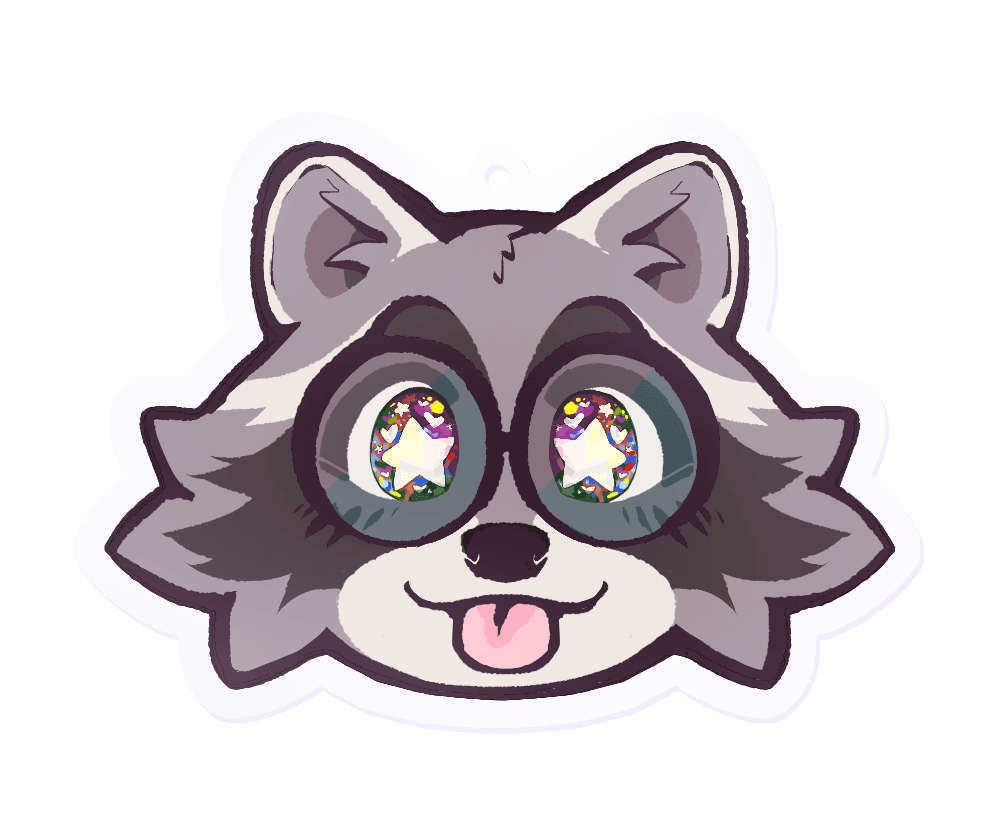 Boba-tan's face in raccoon form, eyes alight and sparkling while she sticks her tongue out in a playful blep.