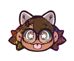 Boba-tan's face, eyes alight and sparkling while she sticks her tongue out in a playful blep. The sticker has rainbow glitter effects.