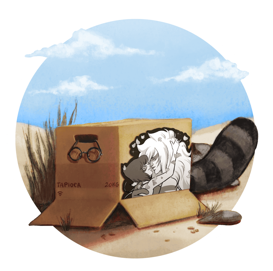 A cardboard box on a beach with a beautiful blue sky with fluffy clouds. Boba-tan's glasses are hanging over the edge of the box's open handle, and her raccoon tail peeks out from beneath the box flap. The box is labeled tapioca, 20 kilograms, with the Wi-Fi symbol. On the side of the box is black and white fanart of Jasper and Lapis Lazuli from Steven Universe, in a tender embrace, with flower petals falling behind them.