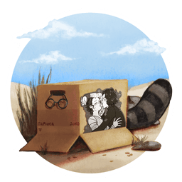 A cardboard box on a beach with a beautiful blue sky with fluffy clouds. Boba-tan's glasses are hanging over the edge of the box's open handle, and her raccoon tail peeks out from beneath the box flap. The box is labeled tapioca, 20 kilograms, with the Wi-Fi symbol. On the side of the box is black and white fanart of Rey and Kylo Ren from Star Wars. Rey is swooning as Kylo Ren leans in to kiss her, with sparkles behind them.