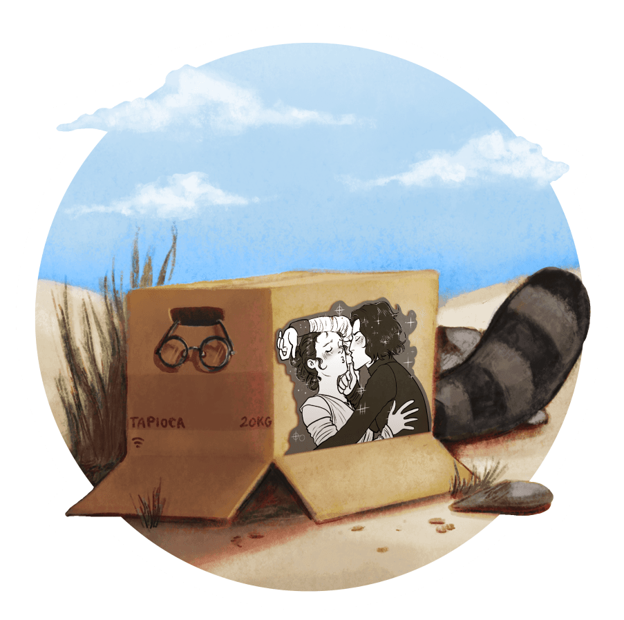 A cardboard box on a beach with a beautiful blue sky with fluffy clouds. Boba-tan's glasses are hanging over the edge of the box's open handle, and her raccoon tail peeks out from beneath the box flap. The box is labeled tapioca, 20 kilograms, with the Wi-Fi symbol. On the side of the box is black and white fanart of Rey and Kylo Ren from Star Wars. Rey is swooning as Kylo Ren leans in to kiss her, with sparkles behind them.