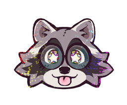 Boba-tan's face in raccoon form, eyes alight and sparkling while she sticks her tongue out in a playful blep. The sticker has rainbow glitter effects.