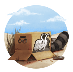 A cardboard box on a beach with a beautiful blue sky with fluffy clouds. Boba-tan's glasses are hanging over the edge of the box's open handle, and her raccoon tail peeks out from beneath the box flap. The box is labeled tapioca, 20 kilograms, with the Wi-Fi symbol. On the side of the box is black and white fanart of Thor and Loki as depicted in the Marvel Cinematic Universe, with their faces close together. Their cheeks are flushed and they seem to have been recently kissing.