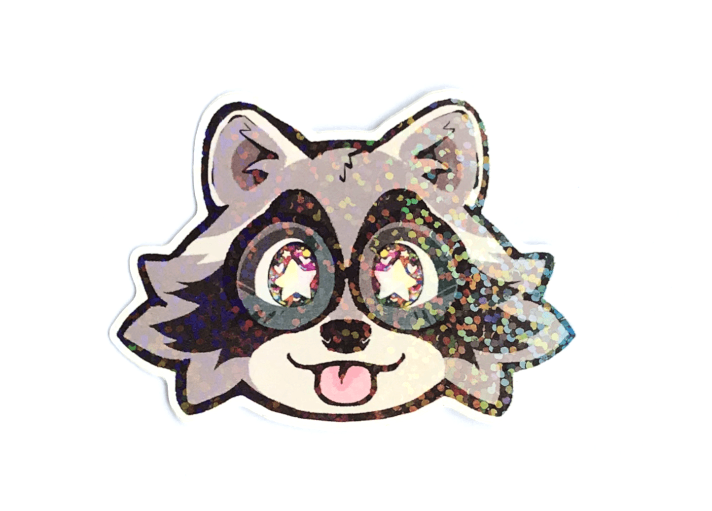 A photo of the raccoon form sticker, showcasing how the glitter looks as the sticker shifts in the light.