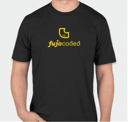 A black T-shirt featuring a lemon colored FujoCoded lemon logo with the text 'fujocoded' underneath. The 'fujo' portion of the logo is in a script font, while coded is in a monospace font.